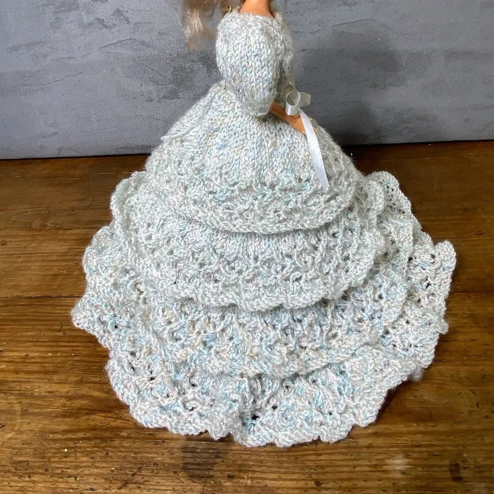 Vintage Barbie OOAK Handmade White Knit Crochet Ballgown Dress Petticoat 11 in
